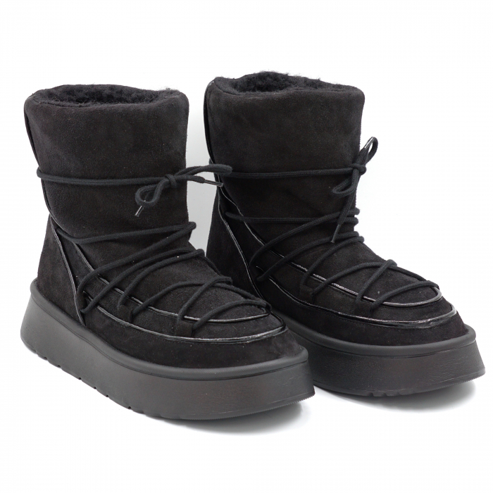 Ghete dama casual tip UGG din piele naturala intoarsa neagra si lac negru cu varf rotund si talpa 3 cm  71424-24 [3]