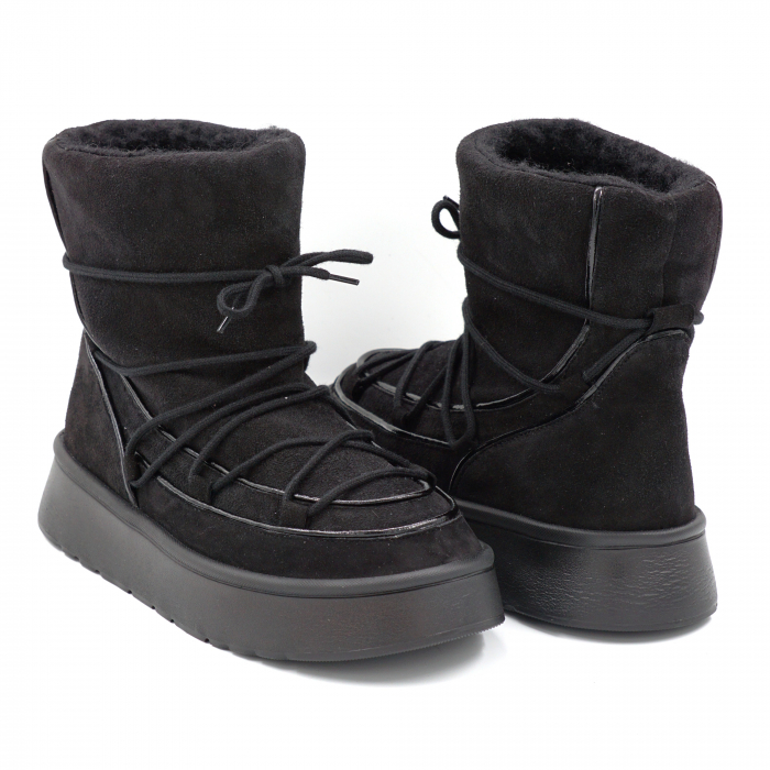 Ghete dama casual tip UGG din piele naturala intoarsa neagra si lac negru cu varf rotund si talpa 3 cm  71424-24 [4]