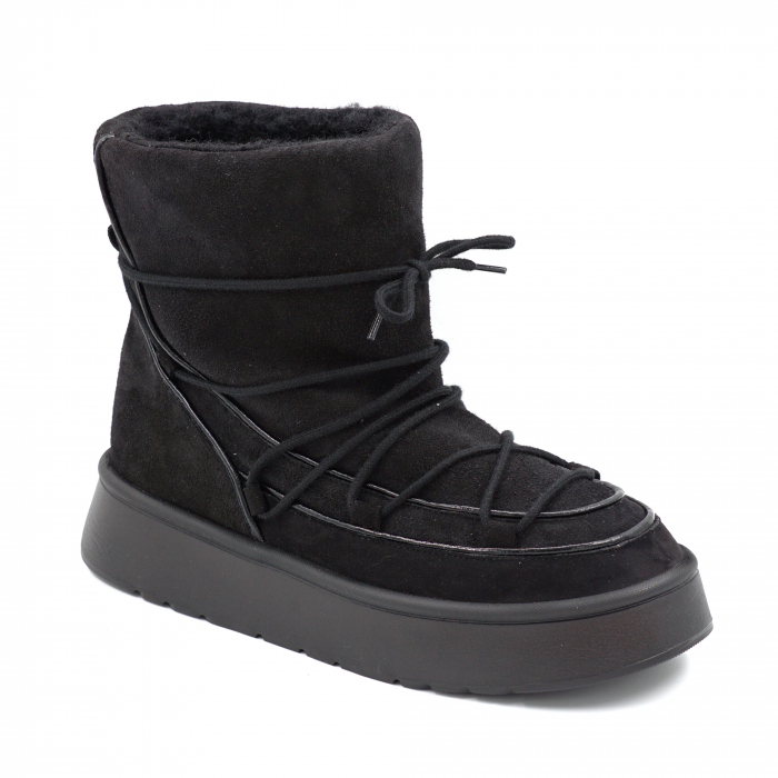 Ghete dama casual tip UGG din piele naturala intoarsa neagra si lac negru cu varf rotund si talpa 3 cm  71424-24 [2]