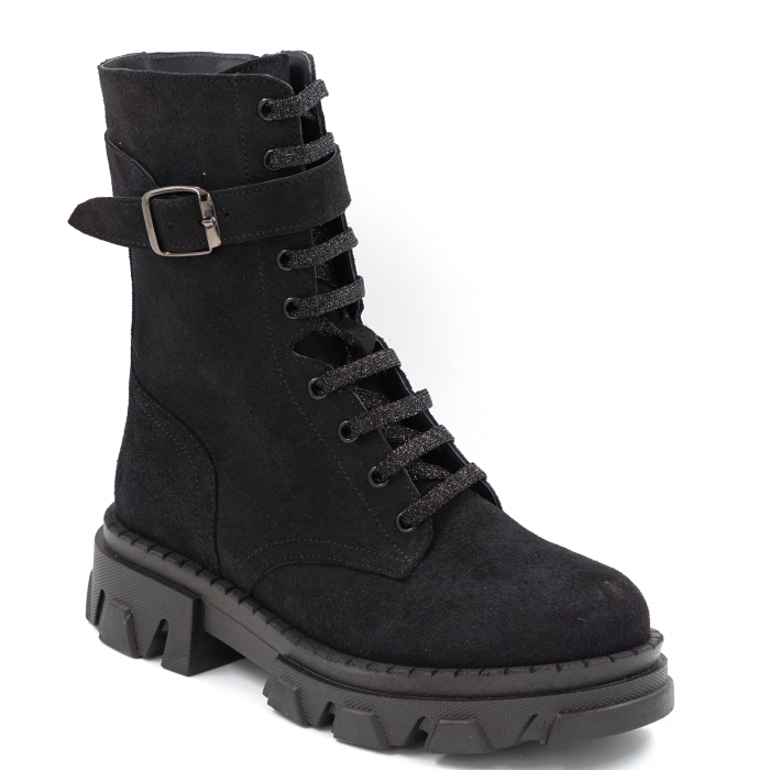 Ghete dama casual din piele naturala intoarsa neagra cu accesorii metalice, varf rotund si talpa 3 cm 71724-24 [2]