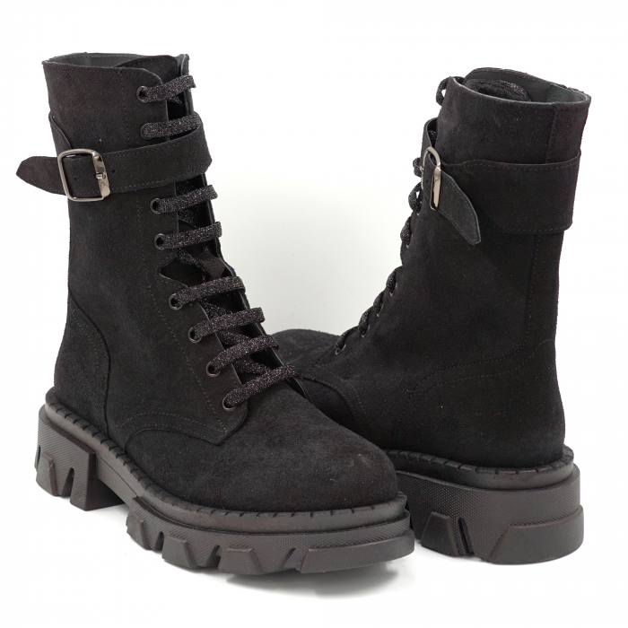 Ghete dama casual din piele naturala intoarsa neagra cu accesorii metalice, varf rotund si talpa 3 cm 71724-24 [3]