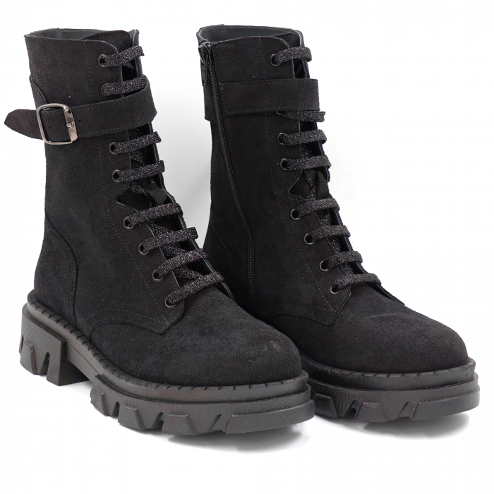 Ghete dama casual din piele naturala intoarsa neagra cu accesorii metalice, varf rotund si talpa 3 cm 71724-24 [4]