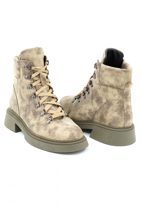 Ghete dama casual din piele naturala cu imprimeu bej si verde deschis kaki cu varf rotund si talpa 3 cm 71921-23 [4]