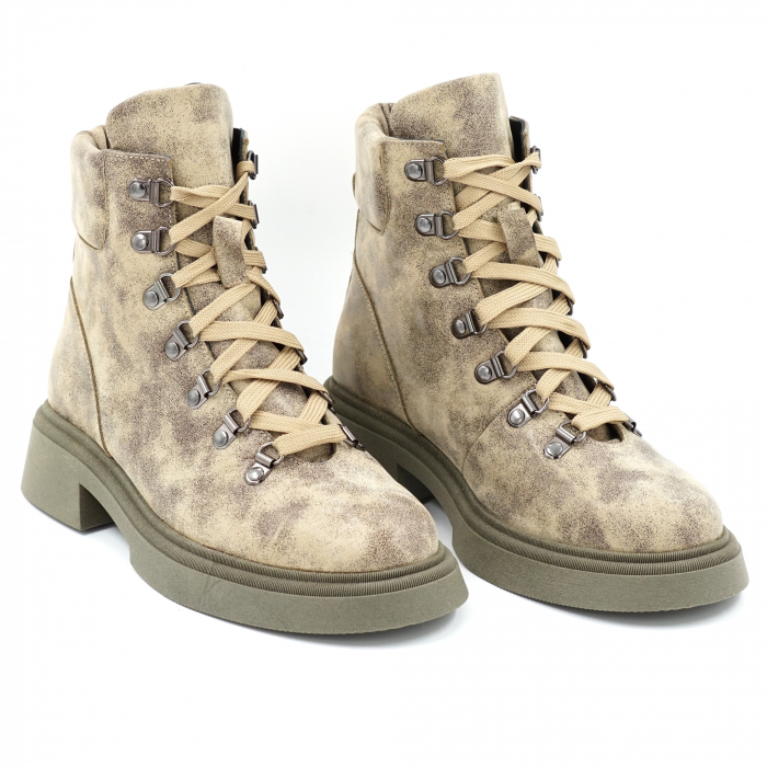 Ghete dama casual din piele naturala cu imprimeu bej si verde deschis kaki cu varf rotund si talpa 3 cm 71921-23 [3]