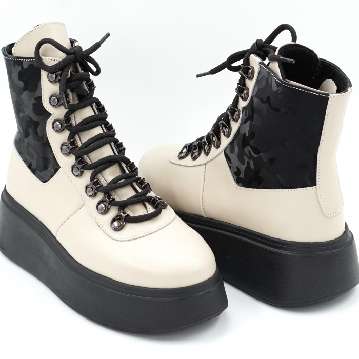 Ghete dama casual din piele naturala nude bej si neagra cu imprimeu militar 3D, cu accesorii metalice, cu varf rotund si talpa 5 cm  72321-23 [4]