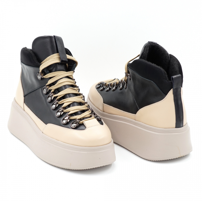 Ghete dama casual sport din piele naturala nude bej si neagra cu accesorii metalice, varf rotund si talpa 5 cm 72421-23 [4]