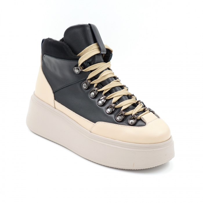 Ghete dama casual sport din piele naturala nude bej si neagra cu accesorii metalice, varf rotund si talpa 5 cm 72421-23 [2]