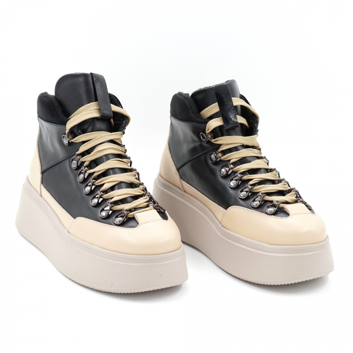 Ghete dama casual sport din piele naturala nude bej si neagra cu accesorii metalice, varf rotund si talpa 5 cm 72421-23 [3]