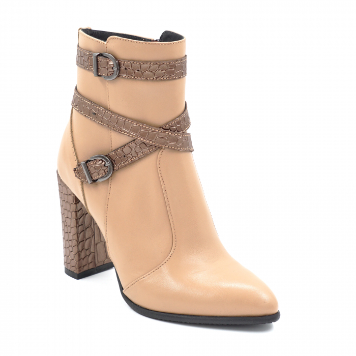 Ghete dama elegante din piele naturala maro coniac si cu imprimeu croco maro metalizat cu varf ascutit si toc inalt gros imbracat 9 cm 72721-24 [2]