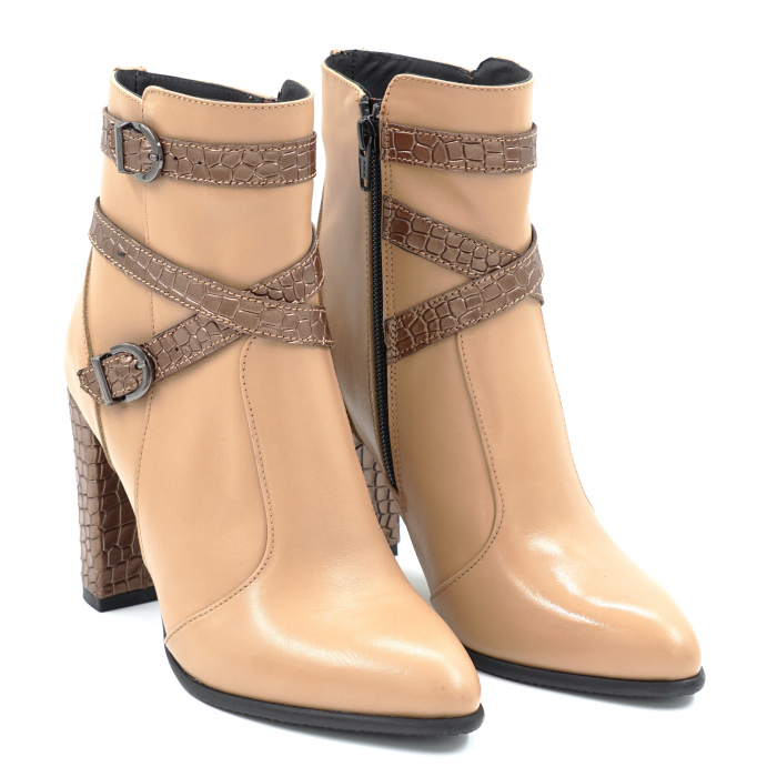 Ghete dama elegante din piele naturala maro coniac si cu imprimeu croco maro metalizat cu varf ascutit si toc inalt gros imbracat 9 cm 72721-24 [3]