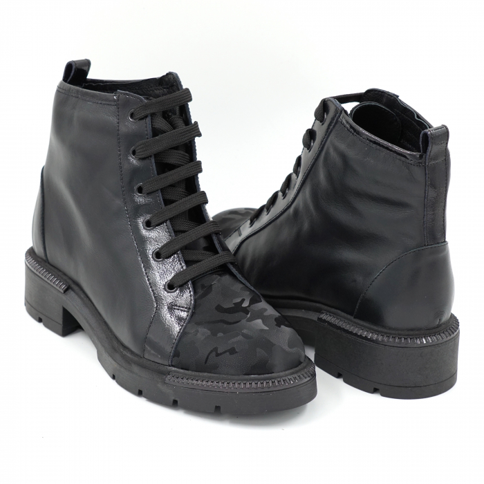 Ghete dama casual din piele naturala neagra si cu imprimeu negru militar 3D cu varf rotund si talpa 3 cm  75821-23 [4]