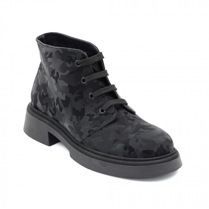 Ghete dama casual din piele naturala cu imprimeu negru militar 3D cu varf rotund si talpa 3 cm 72821-23 [2]