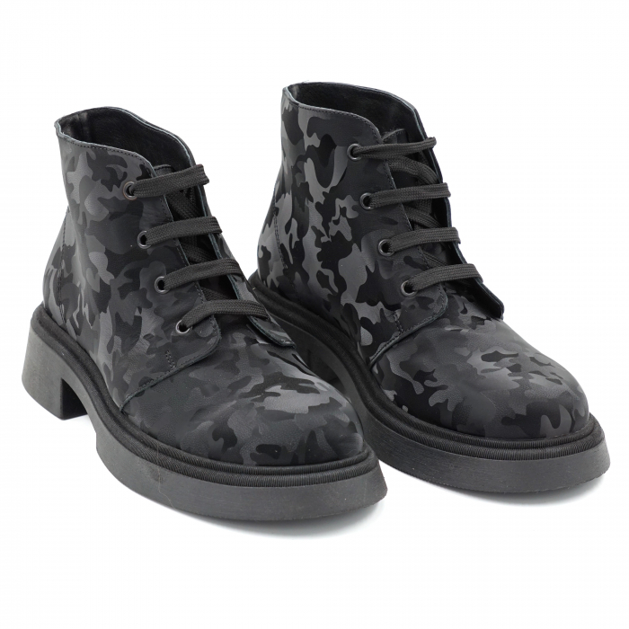 Ghete dama casual din piele naturala cu imprimeu negru militar 3D cu varf rotund si talpa 3 cm 72821-23 [3]