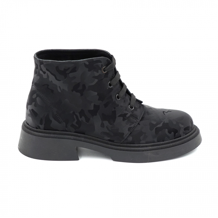 Ghete dama casual din piele naturala cu imprimeu negru militar 3D cu varf rotund si talpa 3 cm 72821-23 [1]