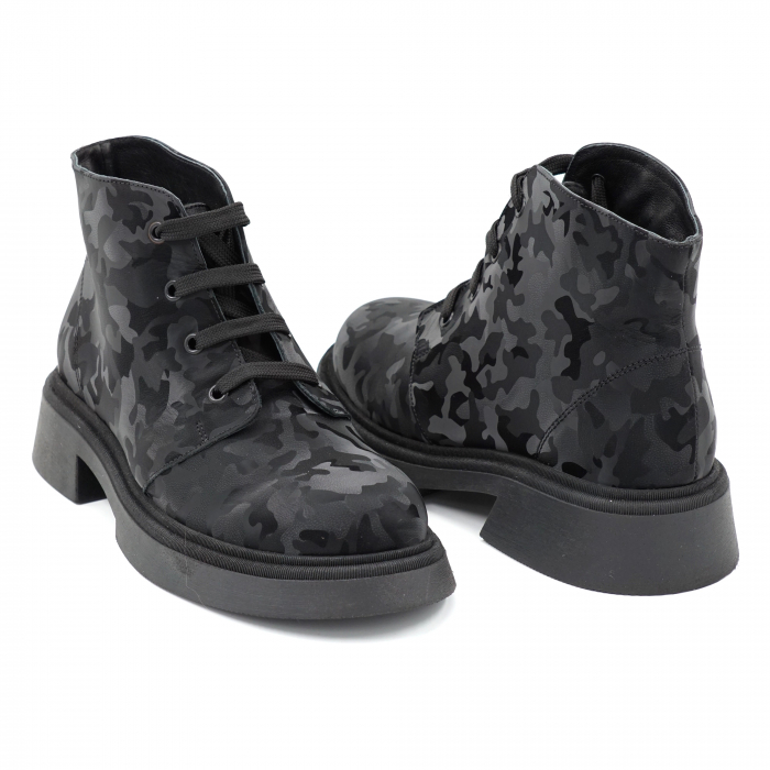 Ghete dama casual din piele naturala cu imprimeu negru militar 3D cu varf rotund si talpa 3 cm 72821-23 [4]