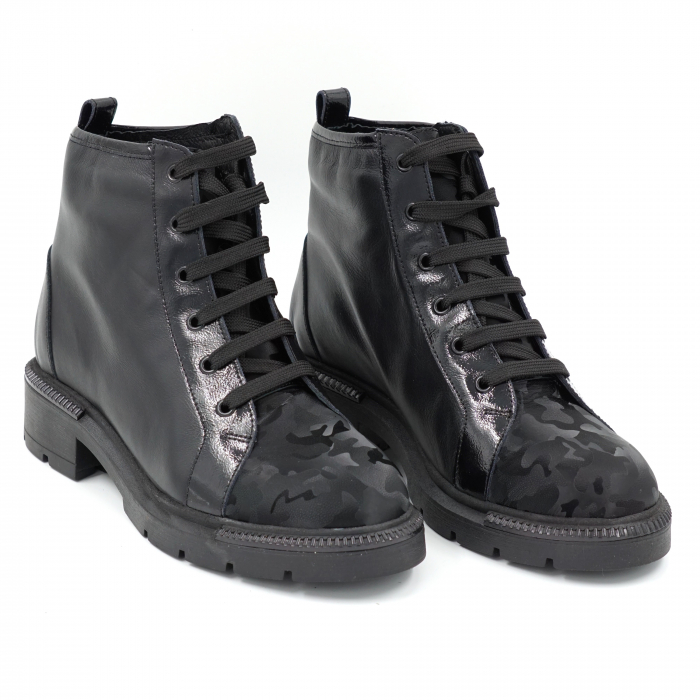 Ghete dama casual din piele naturala neagra si cu imprimeu negru militar 3D cu varf rotund si talpa 3 cm  75821-23 [3]