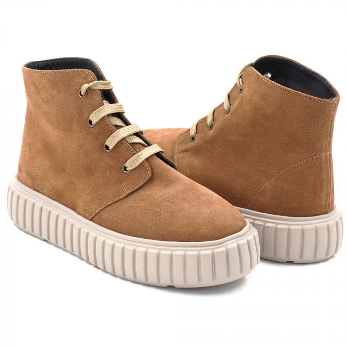 Ghete dama casual din piele naturala intoarsa maro coniac cu varf rotund si talpa 3 cm 72821-24 [4]