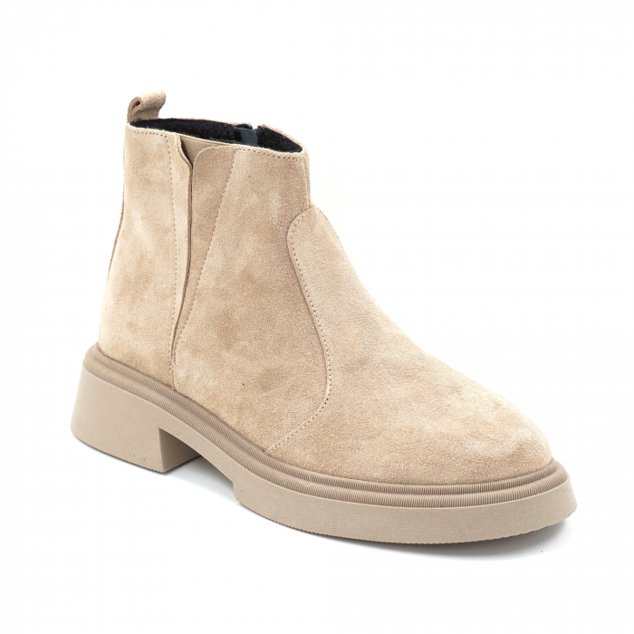 Ghete dama casual din piele naturala intoarsa bej cappucino cu varf rotund si talpa 2 cm 73017-24 [2]