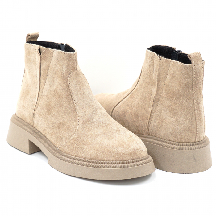 Ghete dama casual din piele naturala intoarsa bej cappucino cu varf rotund si talpa 2 cm 73017-24 [4]