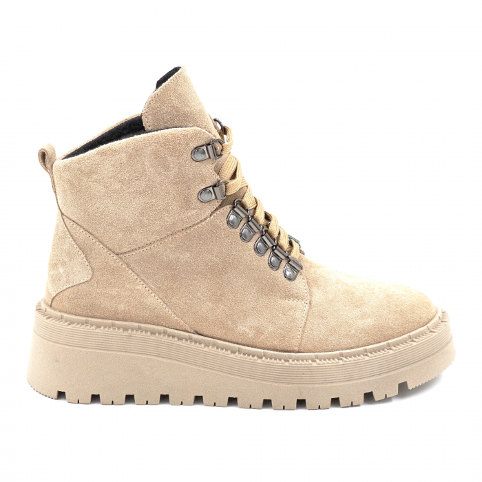 Ghete dama casual sport din piele naturala intoarsa bej cappucino cu varf rotund si talpa ortopedica 4 cm 73119-24 [1]