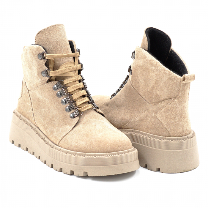 Ghete dama casual sport din piele naturala intoarsa bej cappucino cu varf rotund si talpa ortopedica 4 cm 73119-24 [2]