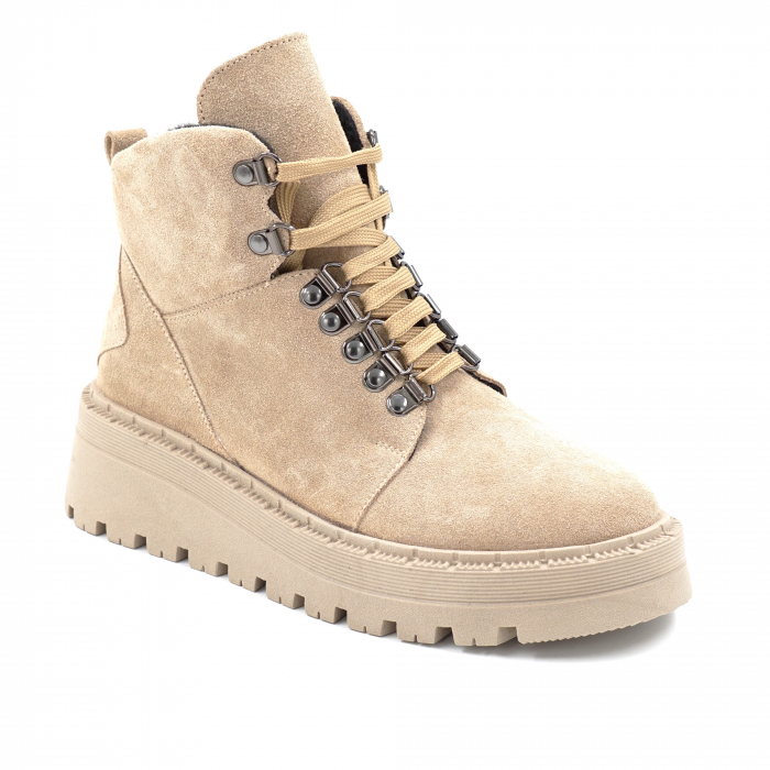 Ghete dama casual sport din piele naturala intoarsa bej cappucino cu varf rotund si talpa ortopedica 4 cm 73119-24 [3]