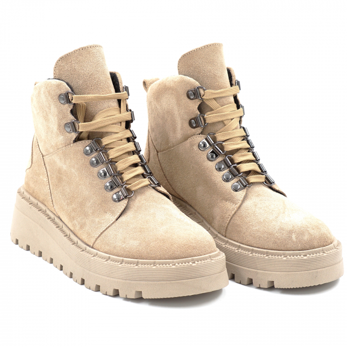Ghete dama casual sport din piele naturala intoarsa bej cappucino cu varf rotund si talpa ortopedica 4 cm 73119-24 [4]