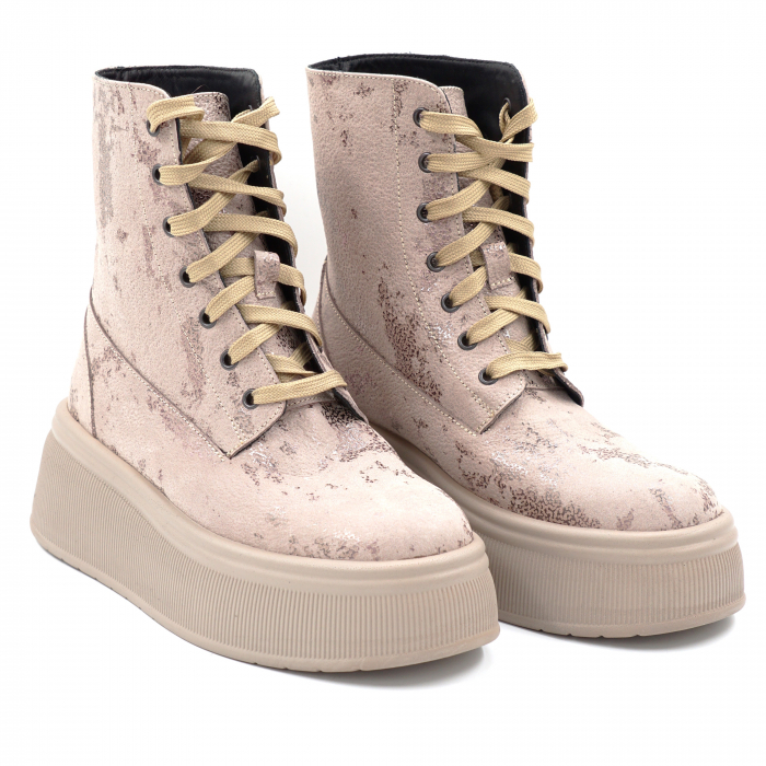 Ghete dama casual din piele naturala bej inchis roze cu imprimeu 3D cu varf rotund si talpa 5 cm  73221-24 [3]