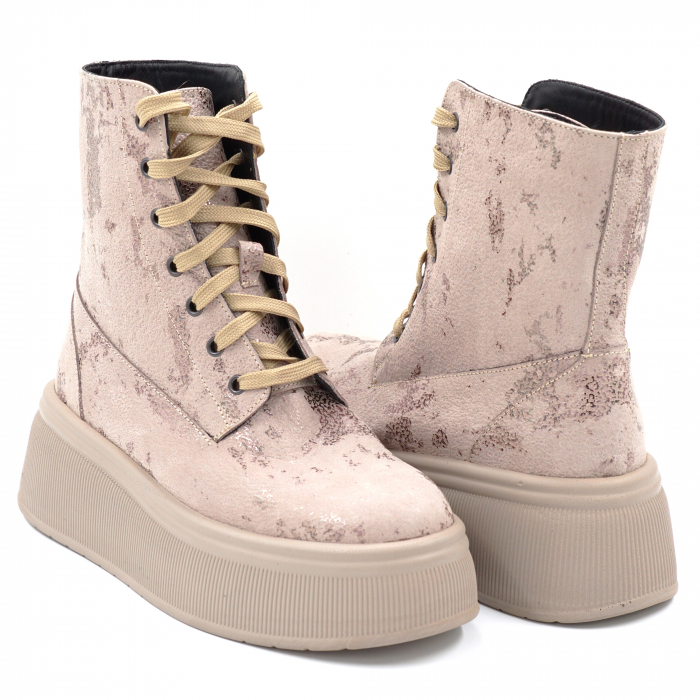 Ghete dama casual din piele naturala bej inchis roze cu imprimeu 3D cu varf rotund si talpa 5 cm  73221-24 [4]