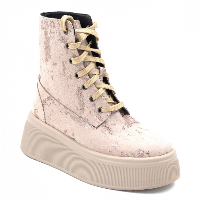 Ghete dama casual din piele naturala bej inchis roze cu imprimeu 3D cu varf rotund si talpa 5 cm  73221-24 [2]