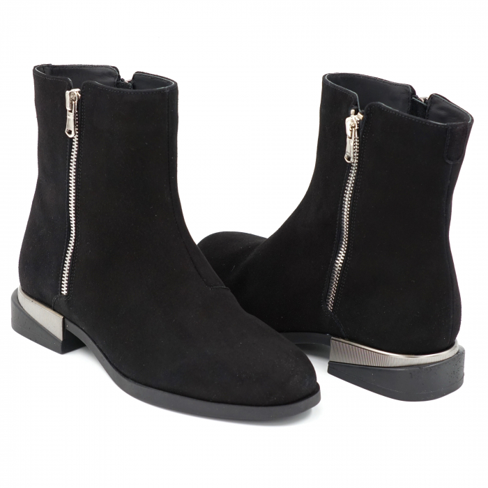 Ghete dama casual din piele naturala intoarsa neagra cu fermoar metalic, varf rotund si talpa 1 cm 73621-23 [5]