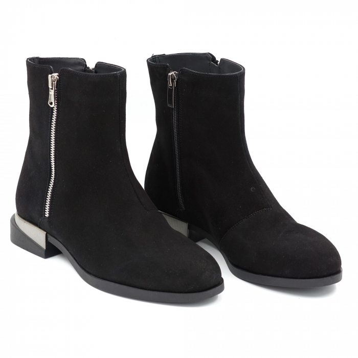 Ghete dama casual din piele naturala intoarsa neagra cu fermoar metalic, varf rotund si talpa 1 cm 73621-23 [4]