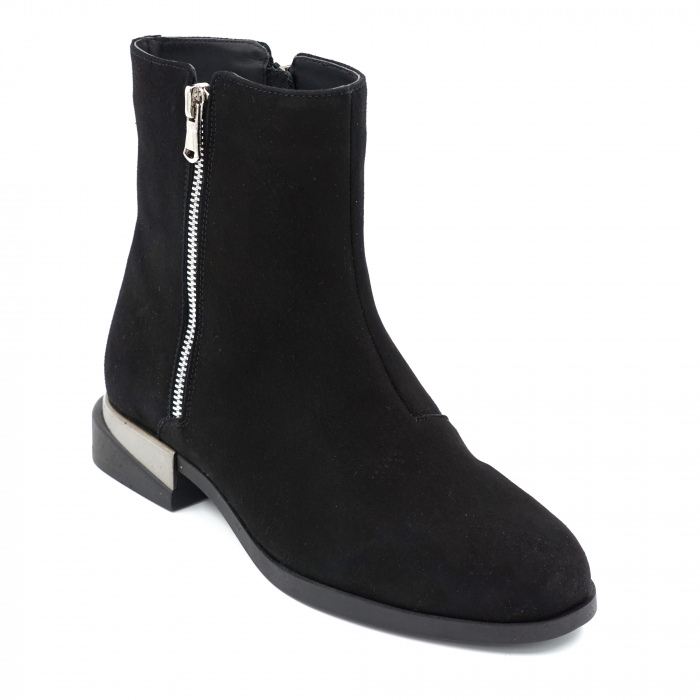 Ghete dama casual din piele naturala intoarsa neagra cu fermoar metalic, varf rotund si talpa 1 cm 73621-23 [2]