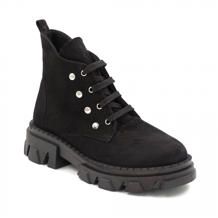 Ghete dama casual din piele naturala intoarsa neagra cu capse metalice, varf rotund si talpa 3 cm  74320-24 - Copie [2]