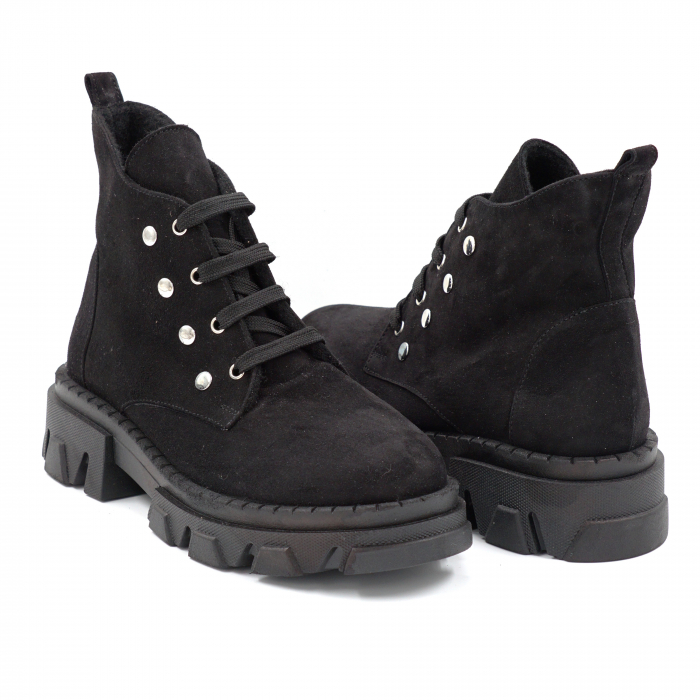 Ghete dama casual din piele naturala intoarsa neagra cu capse metalice, varf rotund si talpa 3 cm  74320-24 - Copie [4]