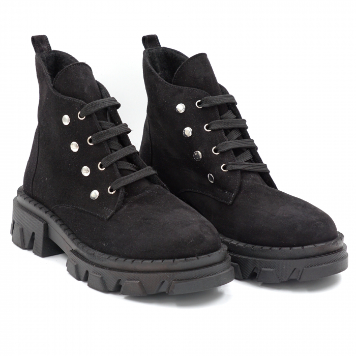 Ghete dama casual din piele naturala intoarsa neagra cu capse metalice, varf rotund si talpa 3 cm  74320-24 - Copie [3]