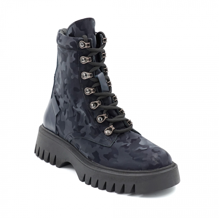 Ghete dama casual din piele naturala lacuita bleumaren si cu imprimeu bleumaren militar 3D cu varf rotund si talpa 3 cm  74621-23 [2]
