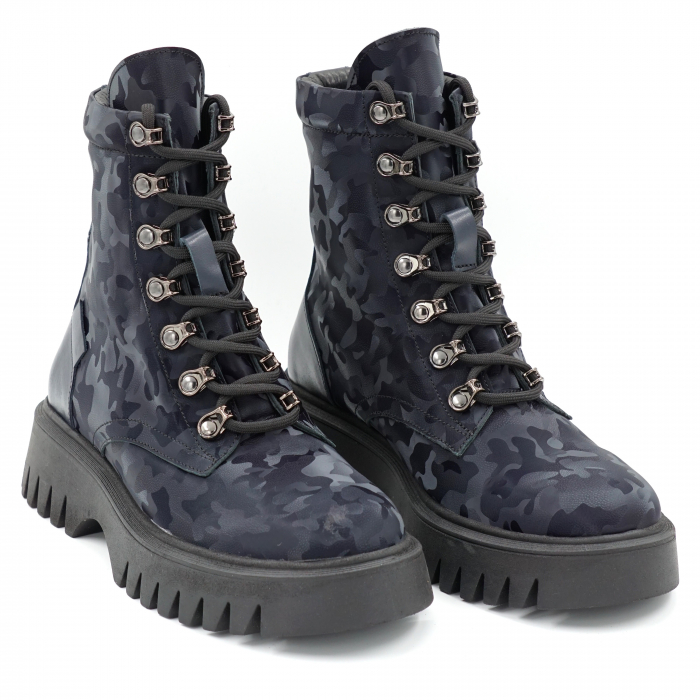 Ghete dama casual din piele naturala lacuita bleumaren si cu imprimeu bleumaren militar 3D cu varf rotund si talpa 3 cm  74621-23 [3]