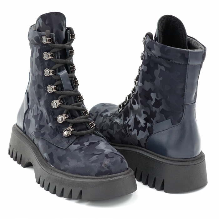 Ghete dama casual din piele naturala lacuita bleumaren si cu imprimeu bleumaren militar 3D cu varf rotund si talpa 3 cm  74621-23 [4]