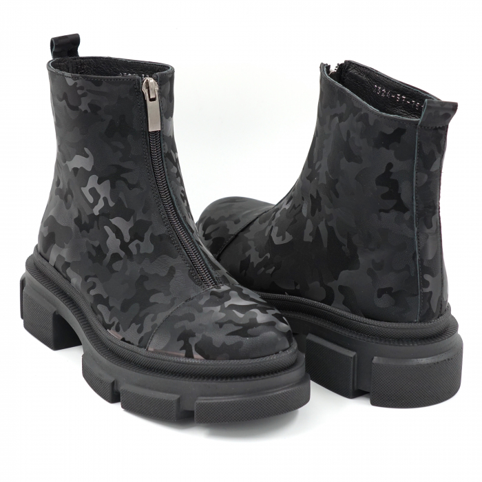 Ghete dama din piele naturala cu imprimeu negru militar 3D cu varf rotund si talpa 4 cm 75121-23 [4]
