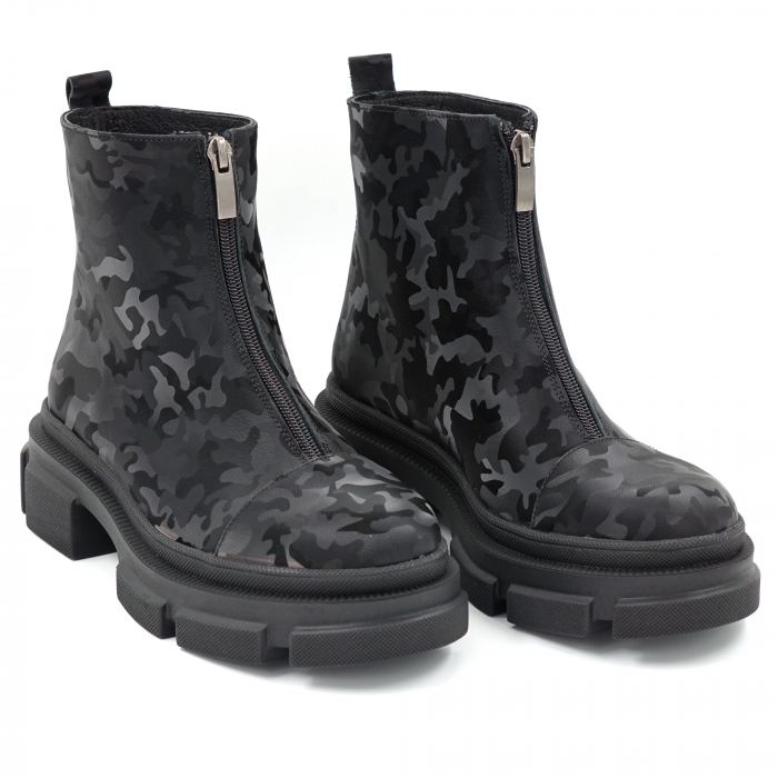 Ghete dama din piele naturala cu imprimeu negru militar 3D cu varf rotund si talpa 4 cm 75121-23 [3]