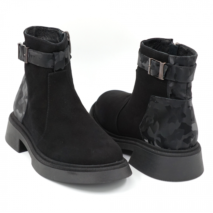 Ghete dama casual din piele naturala intoarsa neagra si cu imprimeu negru militar 3D cu varf rotund si talpa 3 cm 75420-23 [4]