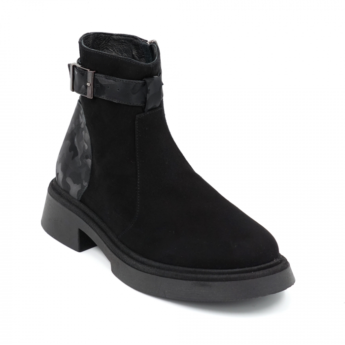 Ghete dama casual din piele naturala intoarsa neagra si cu imprimeu negru militar 3D cu varf rotund si talpa 3 cm 75420-23 [2]