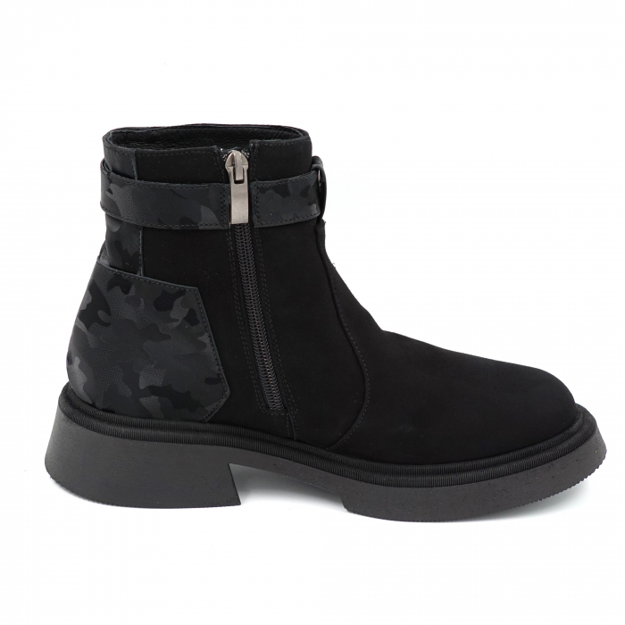 Ghete dama casual din piele naturala intoarsa neagra si cu imprimeu negru militar 3D cu varf rotund si talpa 3 cm 75420-23 [5]