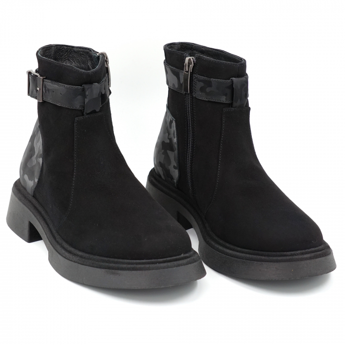 Ghete dama casual din piele naturala intoarsa neagra si cu imprimeu negru militar 3D cu varf rotund si talpa 3 cm 75420-23 [3]