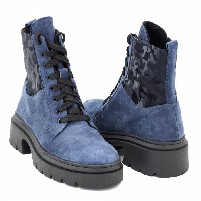 Ghete dama casual din piele naturala intoarsa albastra si cu imprimeu belumaren militar 3D cu varf rotund si talpa 3 cm 75521-23 [4]