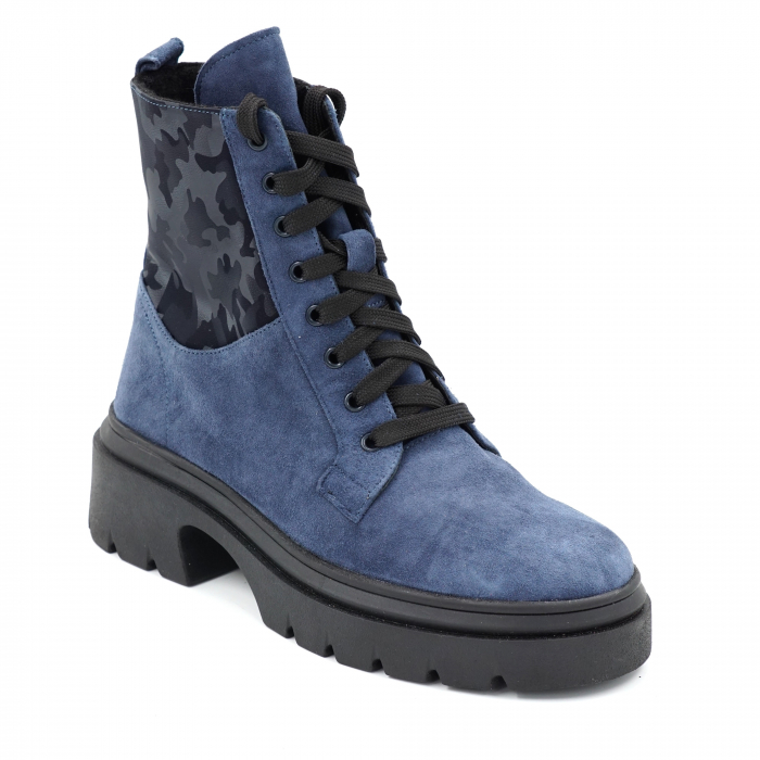 Ghete dama casual din piele naturala intoarsa albastra si cu imprimeu belumaren militar 3D cu varf rotund si talpa 3 cm 75521-23 [2]