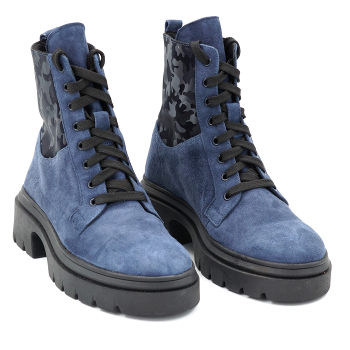 Ghete dama casual din piele naturala intoarsa albastra si cu imprimeu belumaren militar 3D cu varf rotund si talpa 3 cm 75521-23 [3]