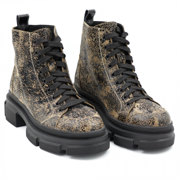 Ghete dama casual din piele naturala cu imprimeu negru cu kaki cu varf rotund si talpa 4 cm  75621-23 [3]