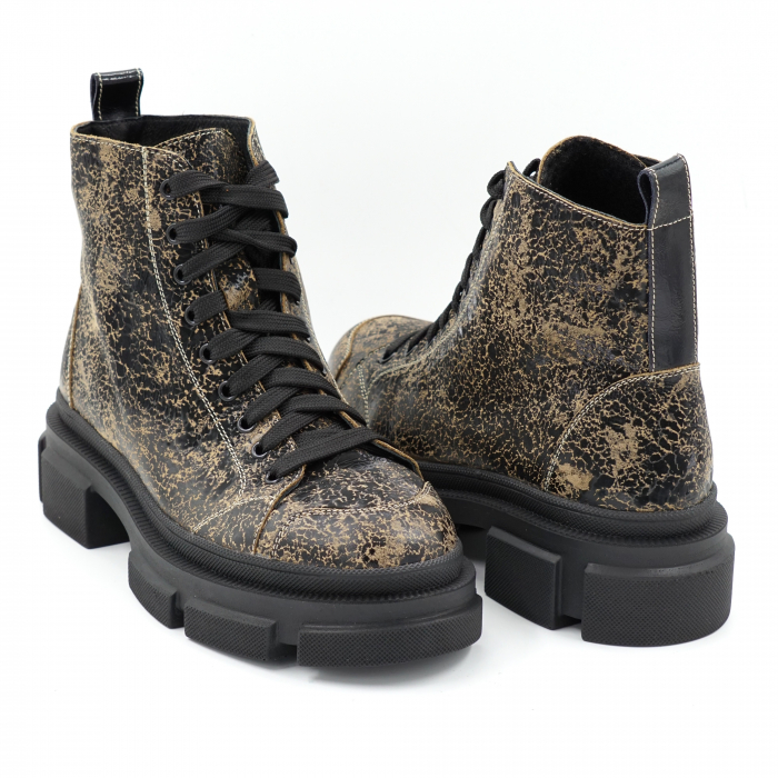 Ghete dama casual din piele naturala cu imprimeu negru cu kaki cu varf rotund si talpa 4 cm  75621-23 [4]